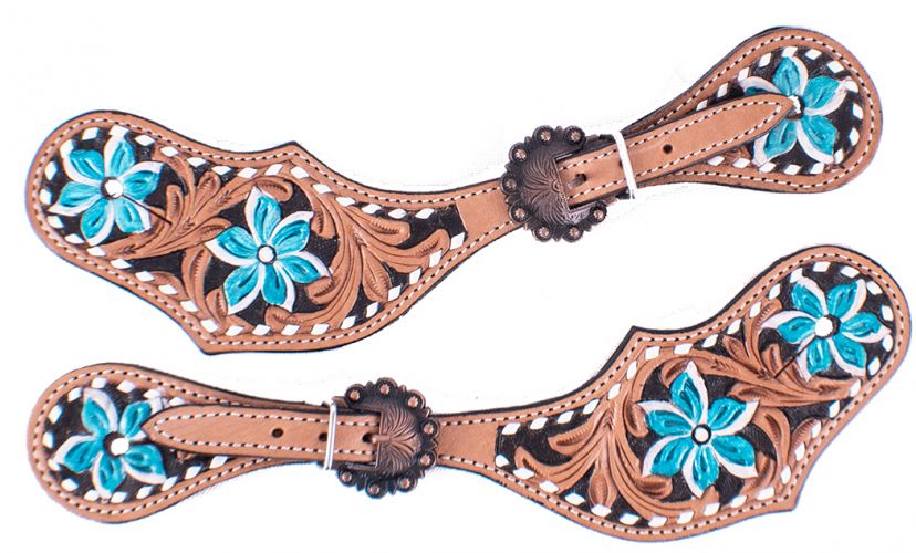 Showman Ladies Hand Painted Turquoise Flower Spur Straps with Copper Hardware