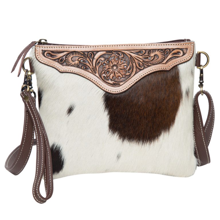 AB07 brown white cowhide tooling clutch bag