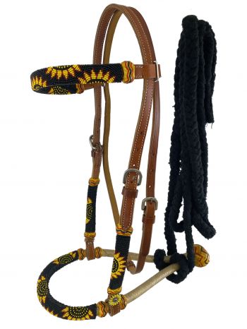 Showman® Leather bosal headstall with sunflower design beaded overlays and black cotton mecate reins