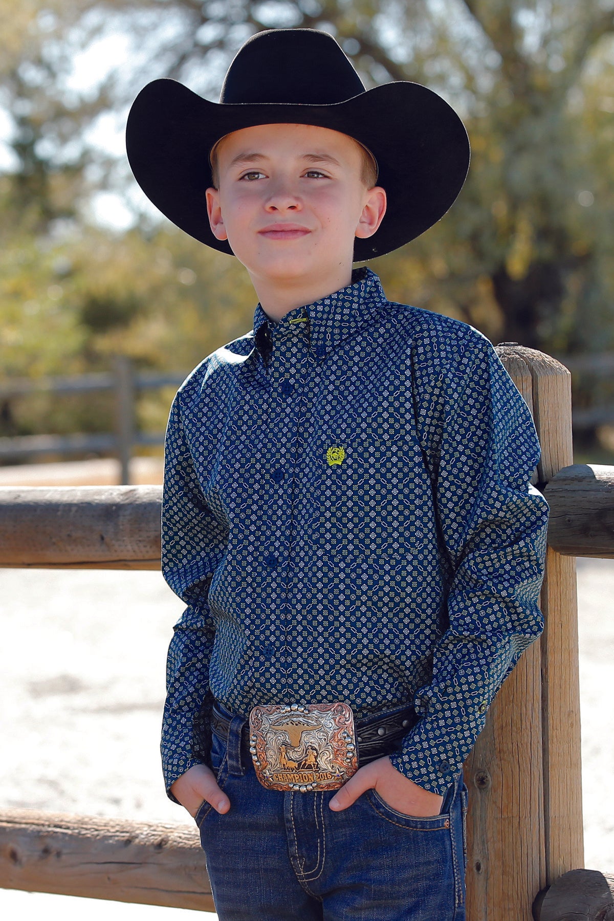 Cinch Boys Navy Lime And Light Blue Grometric Western Shirt