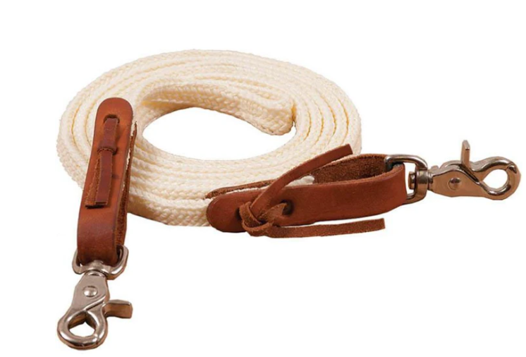 Ezy Ride Roping Rein - Flat Braided poly with Leather Water Straps 1/2in 7ft Natural Colour