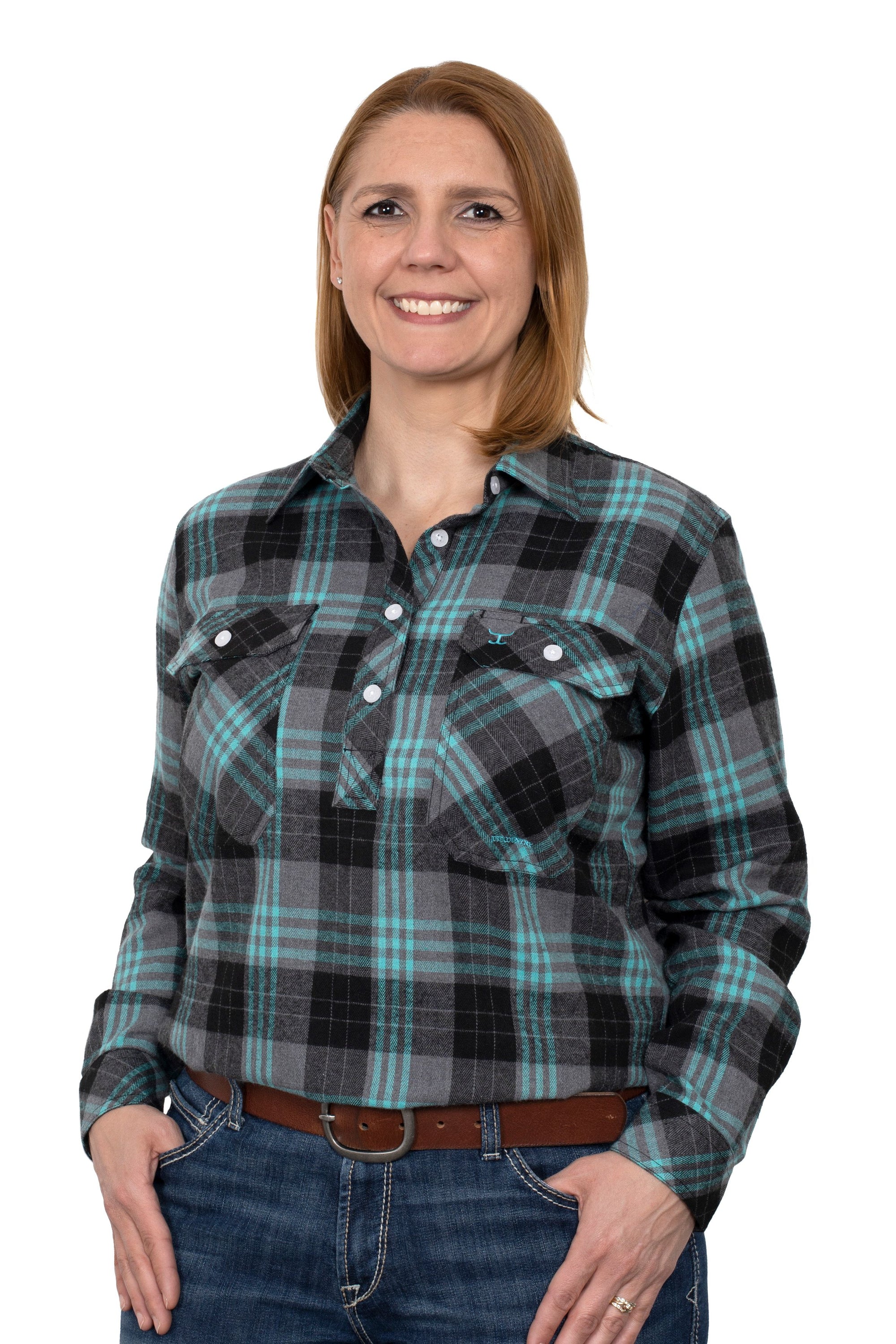 Just Country Wmns Jahna Workshirt Flannel Grey/Turquoise - Boxing Day Sales